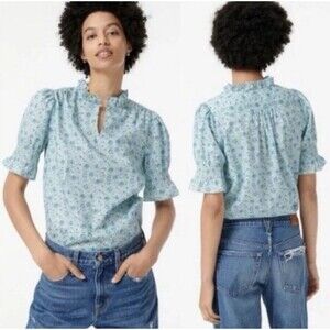 J Crew Liberty Fabric Amelie Top Women M Blue Ditsy Floral Ruffle Peasant Cottag